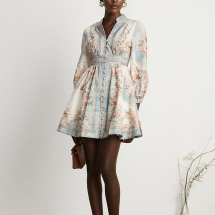 Rosetta White Blue Floral Print Mini Dress with Long Sleeves and Cinched Waist