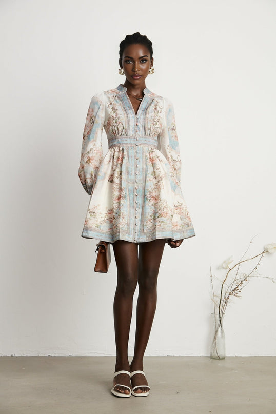 Rosetta White Blue Floral Print Mini Dress with Long Sleeves and Cinched Waist