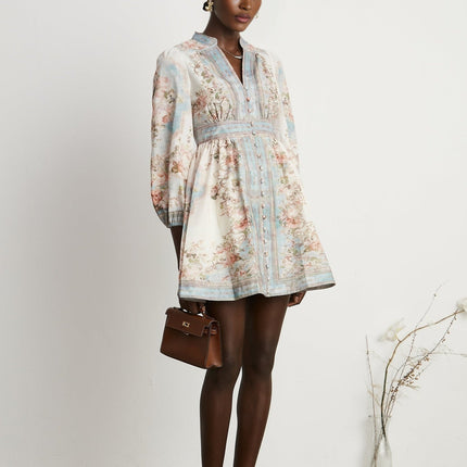 Rosetta White Blue Floral Print Mini Dress with Long Sleeves and Cinched Waist