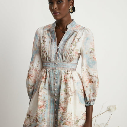 Rosetta White Blue Floral Print Mini Dress with Long Sleeves and Cinched Waist