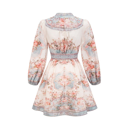 Rosetta White Blue Floral Print Mini Dress with Long Sleeves and Cinched Waist