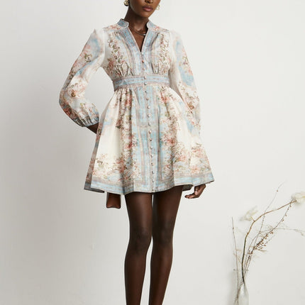 Rosetta White Blue Floral Print Mini Dress with Long Sleeves and Cinched Waist