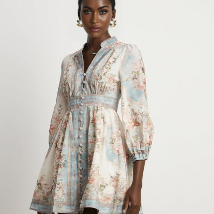 Rosetta White and Blue Floral Print Mini Dress with Long Sleeves and Cinched Waist