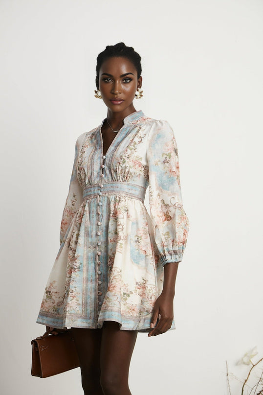 Rosetta White and Blue Floral Print Mini Dress with Long Sleeves and Cinched Waist