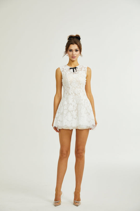 Rosetta White Guipure Lace Bowknot Sleeveless Dress
