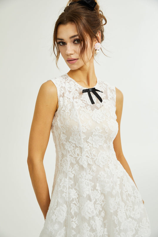 Rosetta White Guipure Lace Bowknot Sleeveless Dress