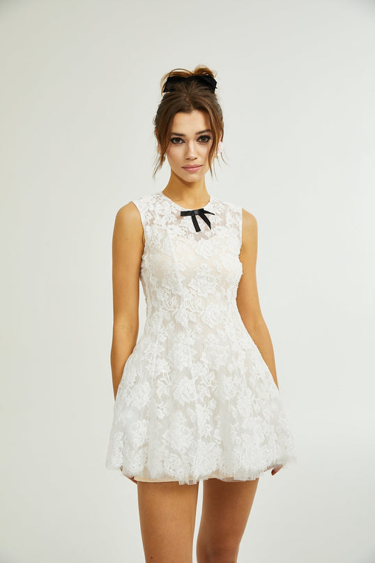 Rosetta White Guipure Lace Bowknot Sleeveless Dress