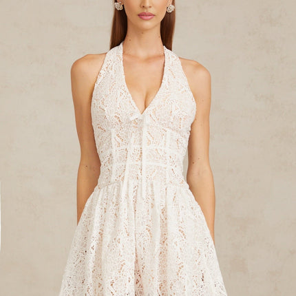 Rosetta White Lace Halterneck Mini Dress with Bow Detail