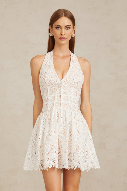 Rosetta White Lace Halterneck Mini Dress with Bow Detail
