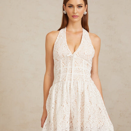 Rosetta White Lace Halterneck Mini Dress with Bow Detail and Scalloped Hem