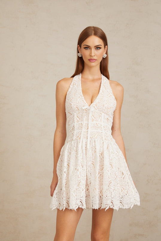 Rosetta White Lace Halterneck Mini Dress with Bow Detail and Scalloped Hem