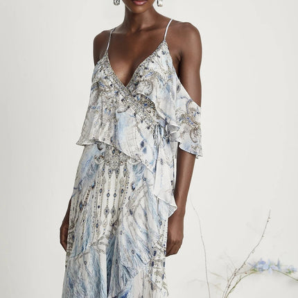 Rosetta White Silk Crystal Embellished Feather Print Midi Dress with V Neck and Spaghetti Straps
