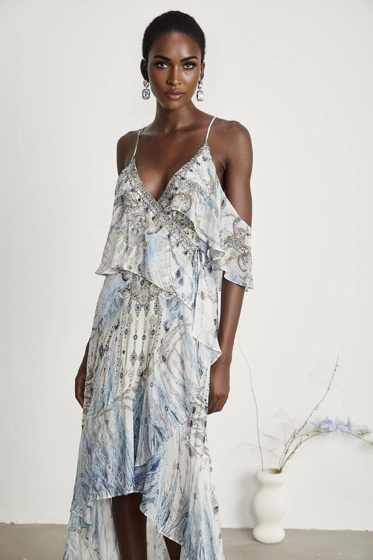 Rosetta White Silk Crystal Embellished Feather Print Midi Dress with V Neck and Spaghetti Straps