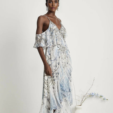 Rosetta White Silk Crystal Embellished Feather Print Midi Dress