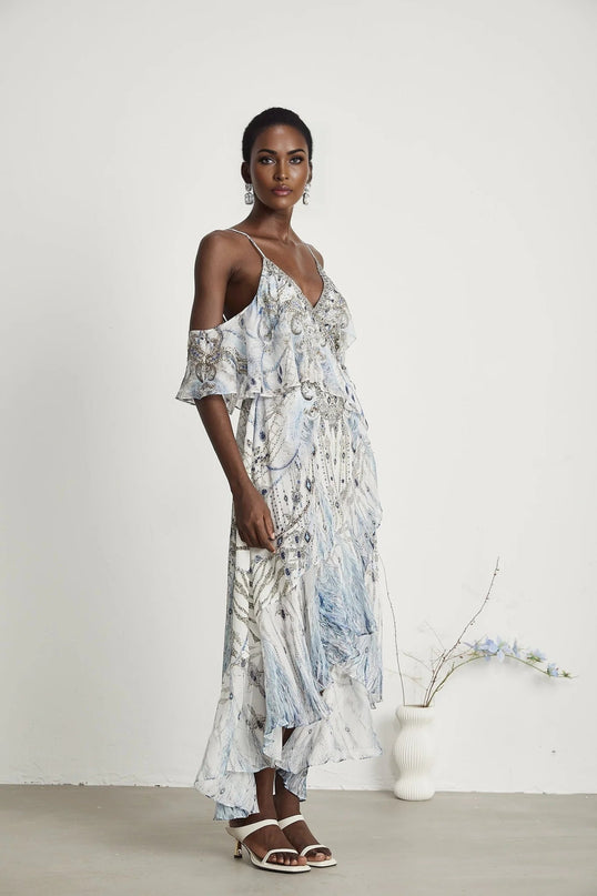 Rosetta White Silk Crystal Embellished Feather Print Midi Dress