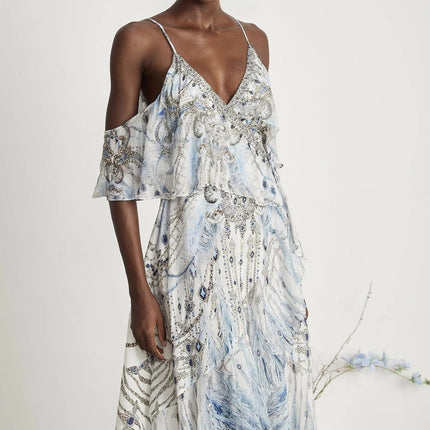 Rosetta White Silk Crystal Embellished Feather Print Midi Dress