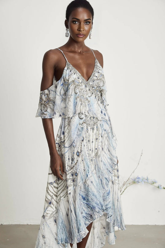 Rosetta White Silk Crystal Embellished Feather Print Midi Dress