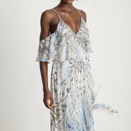 Rosetta White Silk Crystal Embellished Feather Print Midi Dress