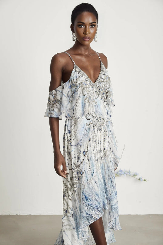 Rosetta White Silk Crystal Embellished Feather Print Midi Dress