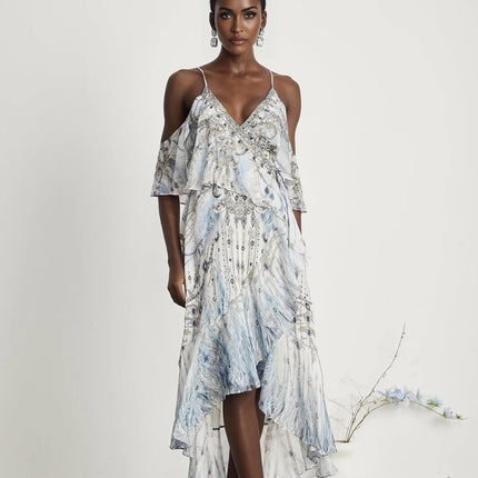 Rosetta White Silk Crystal Embellished Feather Print Midi Dress