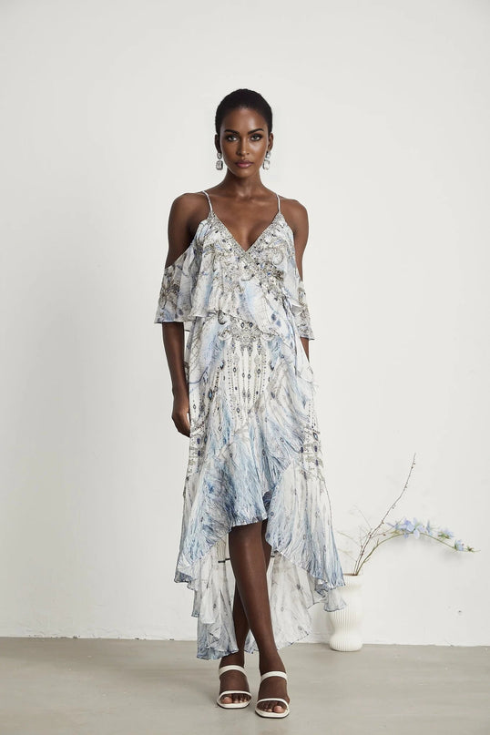 Rosetta White Silk Crystal Embellished Feather Print Midi Dress