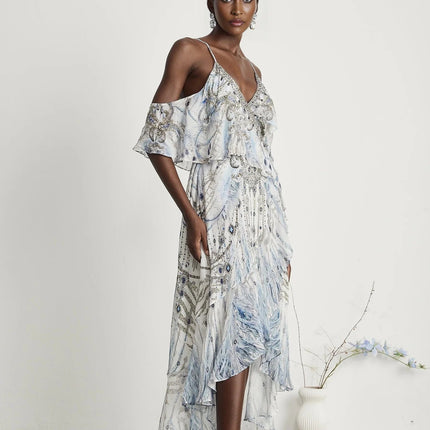 Rosetta White Silk Crystal Embellished Feather Print Midi Dress