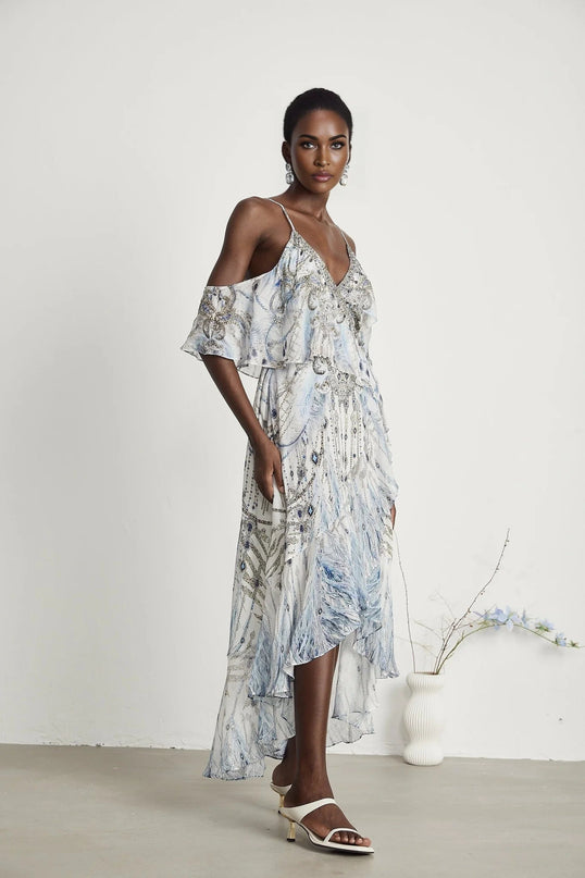 Rosetta White Silk Crystal Embellished Feather Print Midi Dress