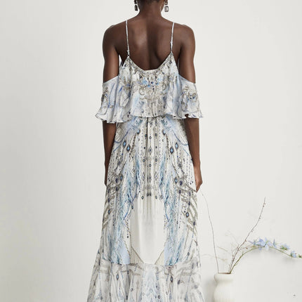 Rosetta White Silk Crystal Embellished Feather Print Midi Dress