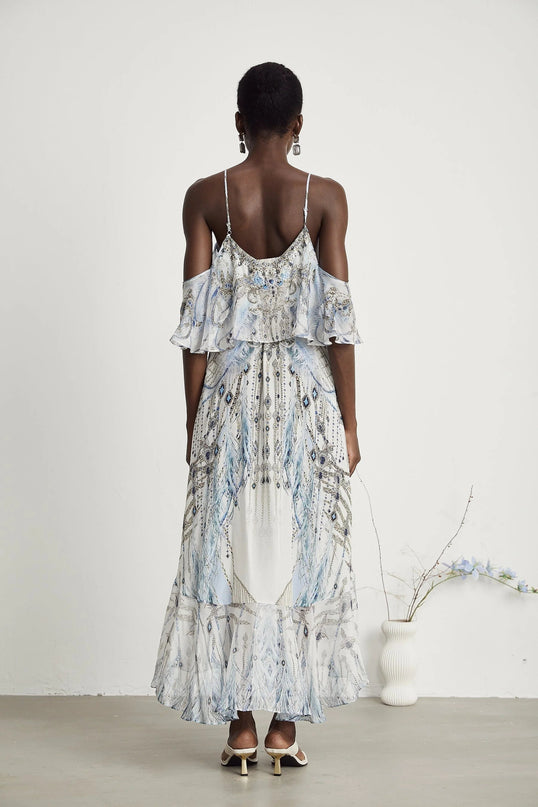 Rosetta White Silk Crystal Embellished Feather Print Midi Dress