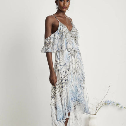 Rosetta White Silk Crystal Embellished Feather Print Midi Dress