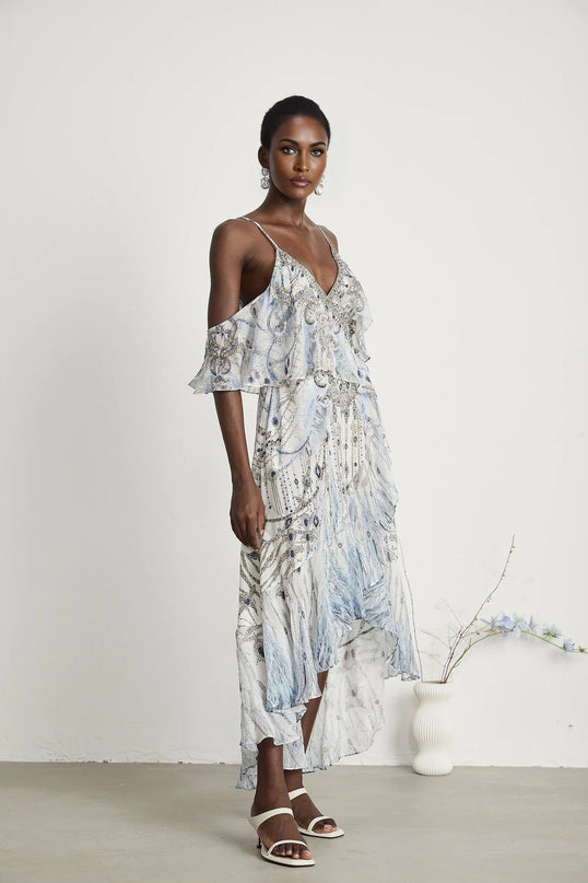 Rosetta White Silk Crystal Embellished Feather Print Midi Dress