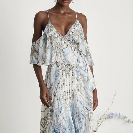 Rosetta White Silk Crystal Embellished Feather Print Midi Dress