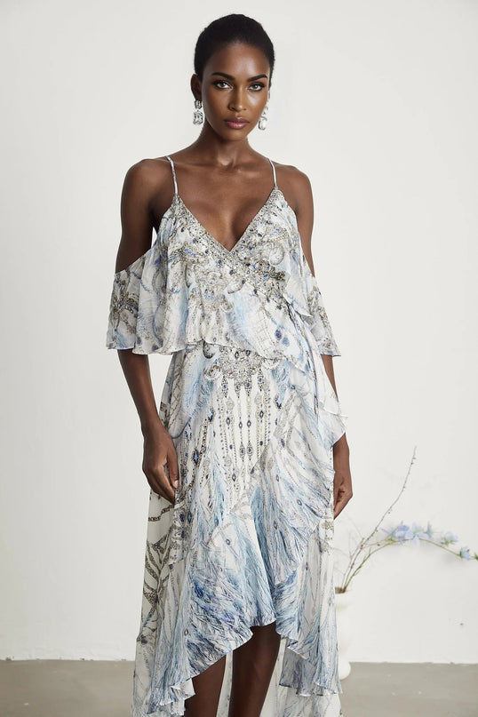 Rosetta White Silk Crystal Embellished Feather Print Midi Dress