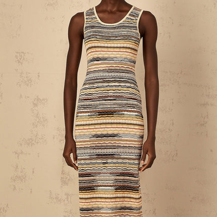 Rosetta Yellow Crochet Knit Midi Dress with Horizontal Stripes