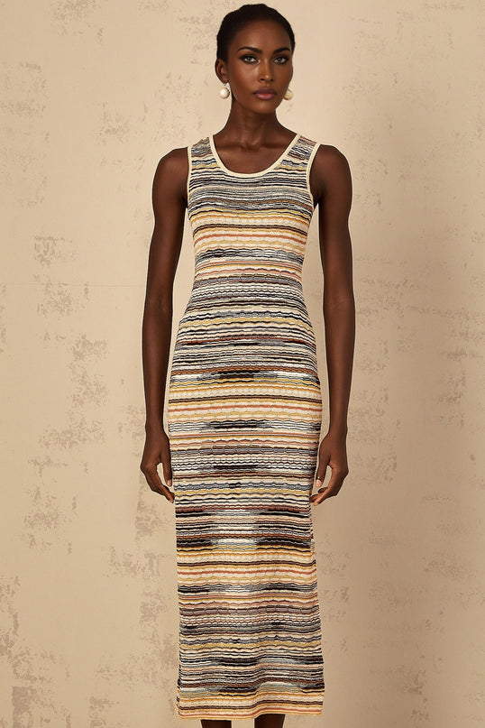 Rosetta Yellow Crochet Knit Midi Dress with Horizontal Stripes