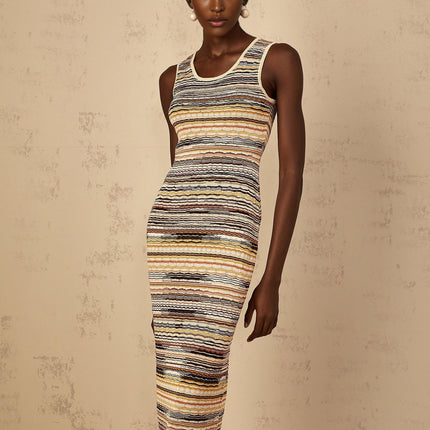 Rosetta Yellow Crochet Knit Midi Dress with Horizontal Stripes