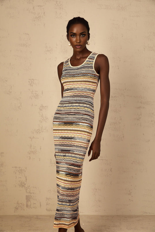 Rosetta Yellow Crochet Knit Midi Dress with Horizontal Stripes
