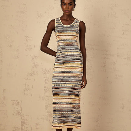 Rosetta Yellow Crochet Knit Midi Dress with Horizontal Stripes