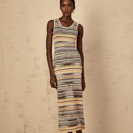 Rosetta Yellow Crochet Knit Midi Dress with Horizontal Stripes