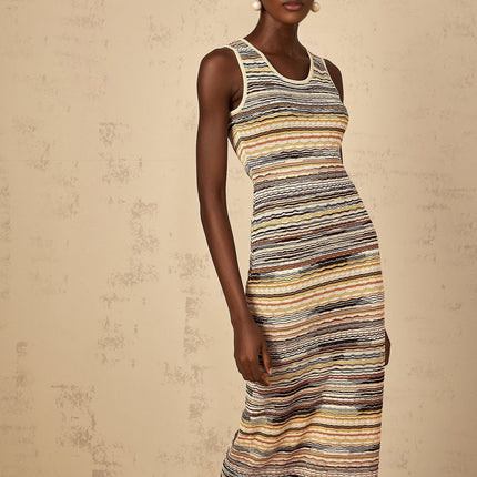 Rosetta Yellow Crochet Knit Midi Dress with Horizontal Stripes