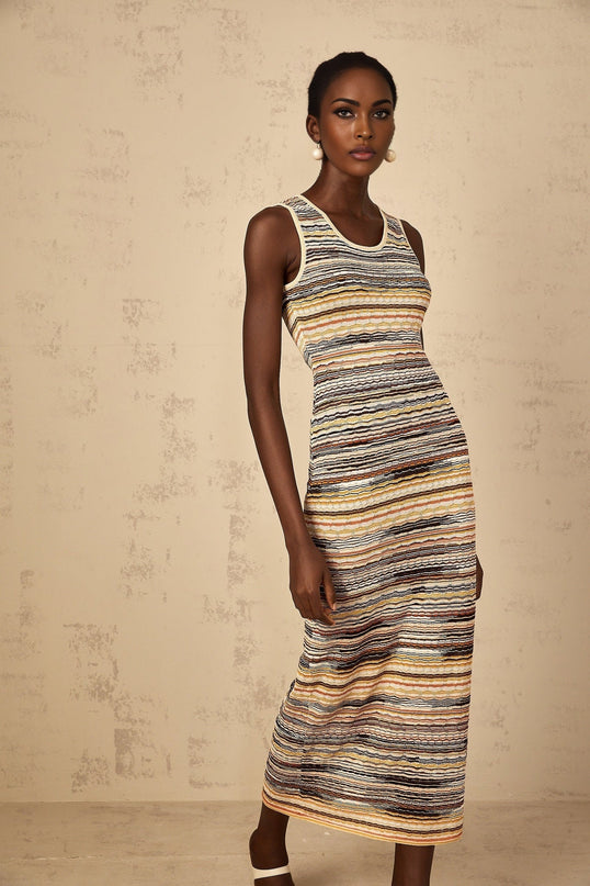 Rosetta Yellow Crochet Knit Midi Dress with Horizontal Stripes