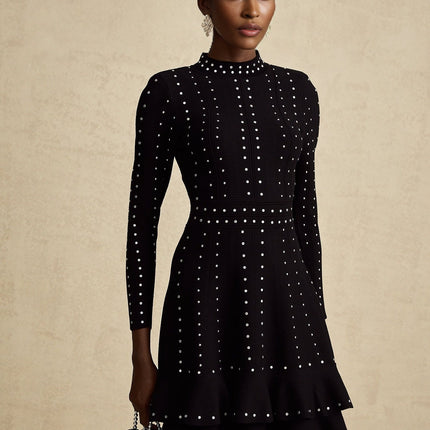 Rossella Black Tiered Ruffled Mini Dress Viscose Nylon Embellished Knit Long Sleeve Round Neck Luxury Fashion
