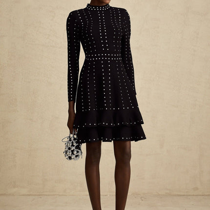 Rossella Black Tiered Ruffled Mini Dress Long Sleeve Round Neck Embellished Knit Construction Luxury Fashion Statement