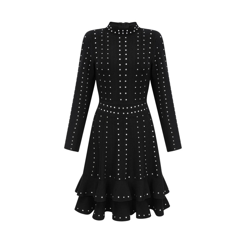 Rossella Black Tiered Ruffled Mini Dress Viscose Nylon Embellished Knit Long Sleeves Round Neck Luxury Fashion Glamour Comfort