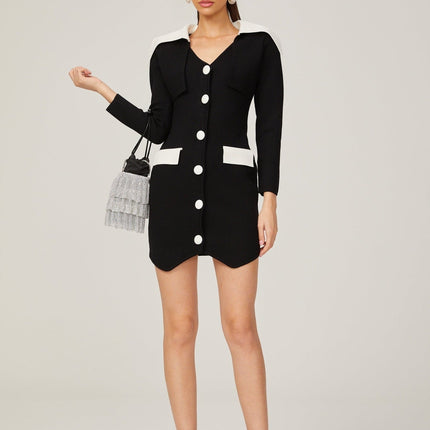 Rossella Black and White Mini Dress with V Neck Design