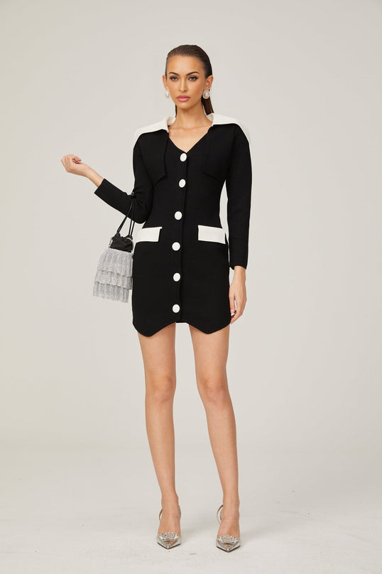 Rossella Black and White Mini Dress with V Neck Design