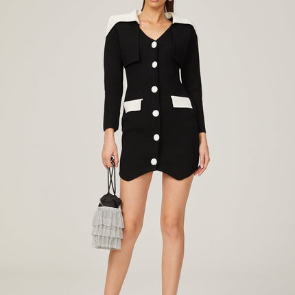 Rossella Black and White Mini Dress with V Neck Design