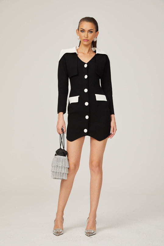 Rossella Black and White Mini Dress with V Neck Design