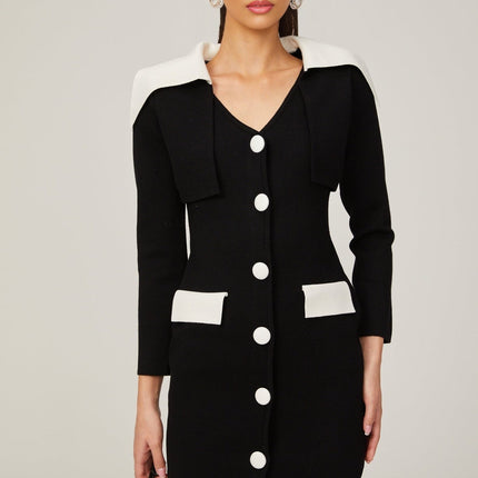 Rossella Black and White Mini Dress with V Neck Design