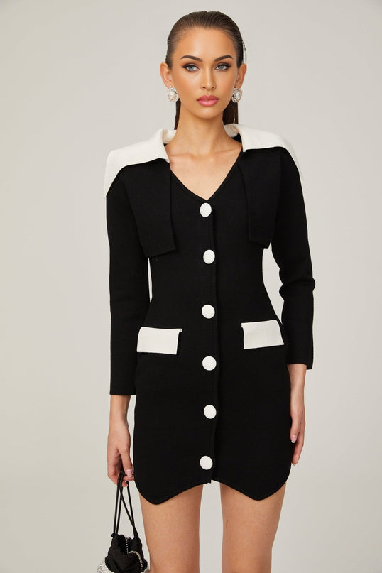 Rossella Black and White Mini Dress with V Neck Design